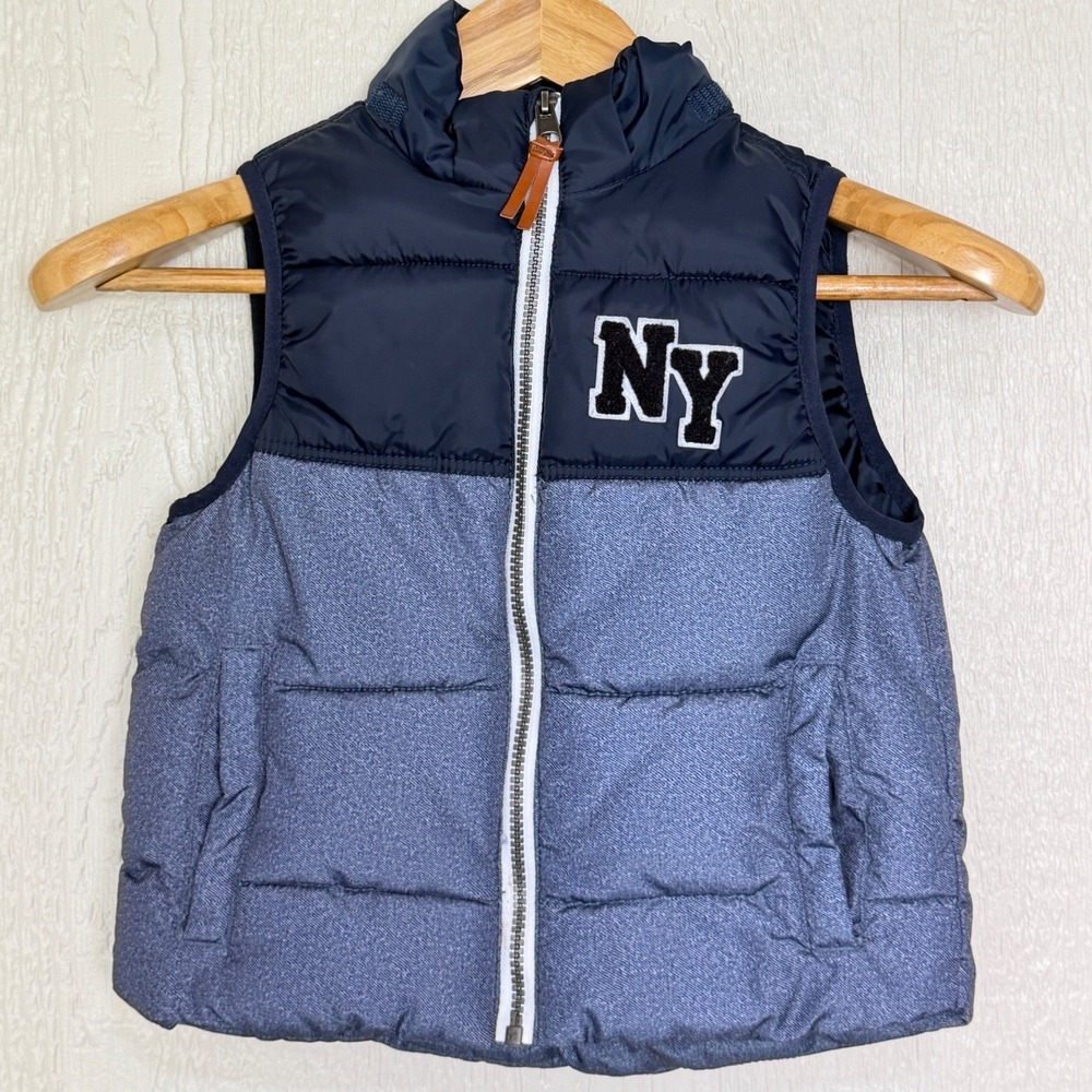 HM Boys NY Puffer Vest Navy Blue Heathered Denim Look Size 5T 6 Zip Up 1874